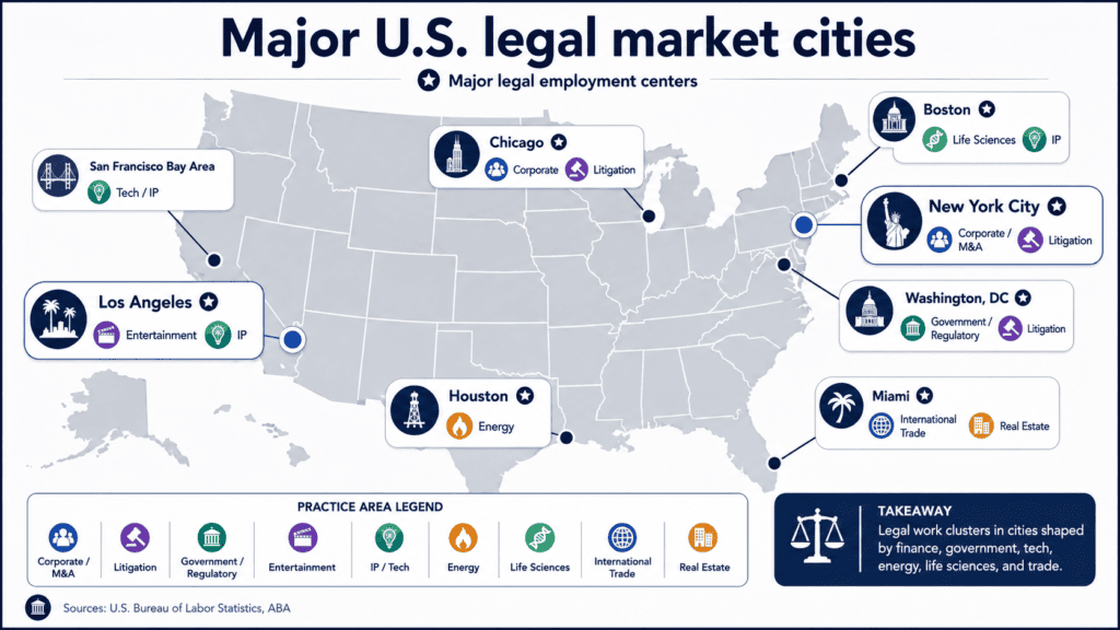 Map of the United States highlighting major legal market cities