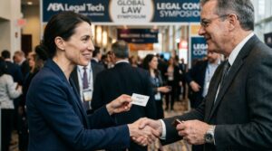 Legal professionals networking at an industry conference