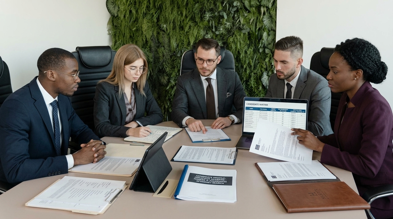 people reviewing candidate profiles for a law firm attorney search
