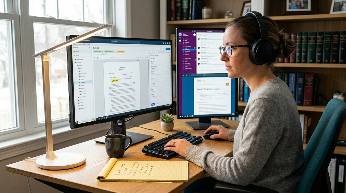 Remote legal support professional working from a home office on eDiscovery document review

