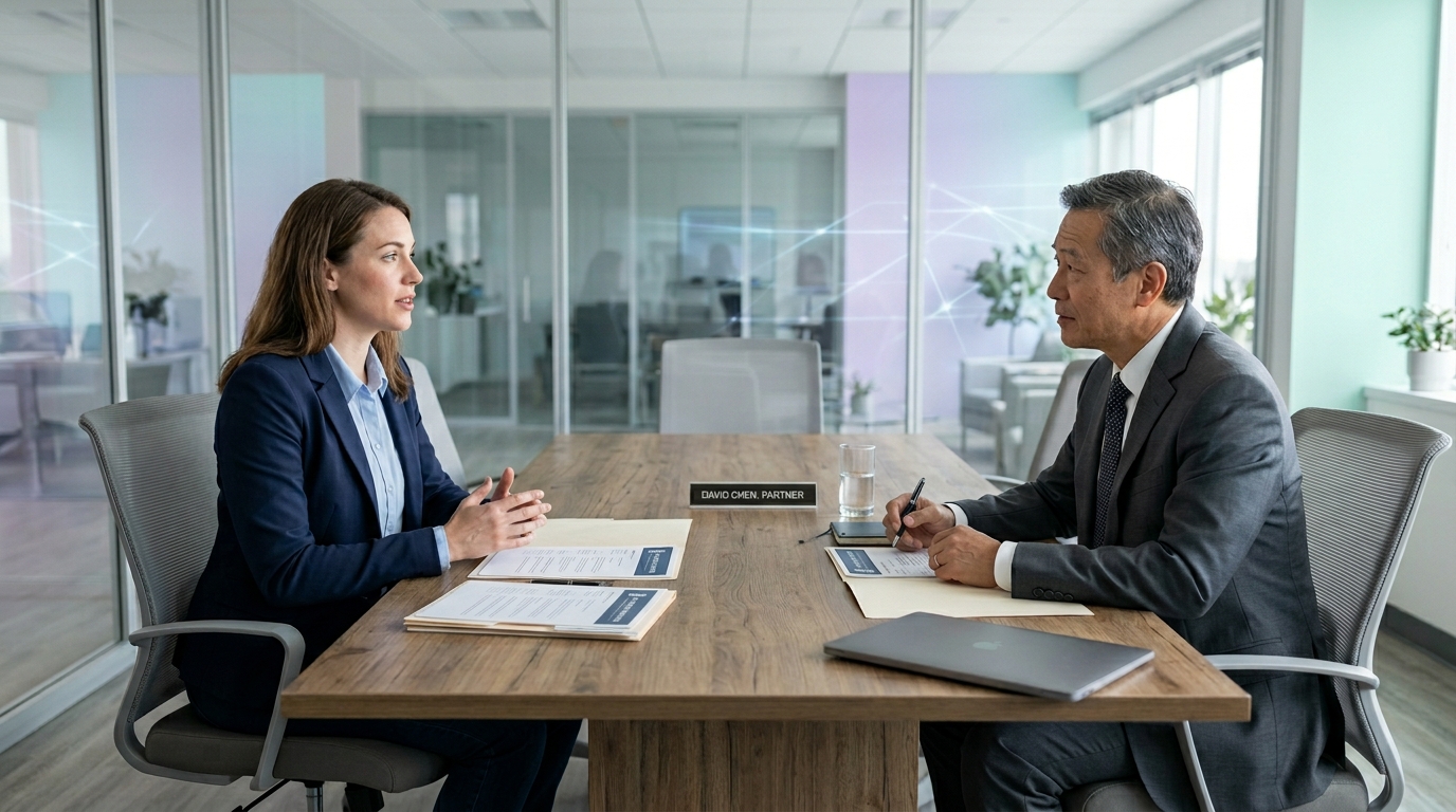A law firm partner conducting a structured interview with an attorney candidate